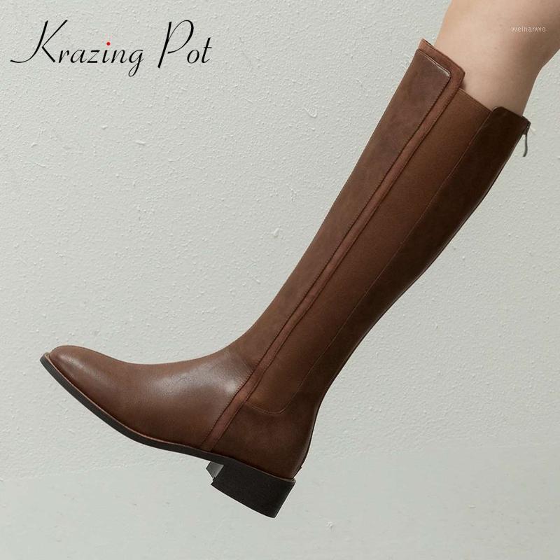 

Krazing Pot new split leather round toe med heel riding boots French romantic young lady daily wear vintage knee-high boots L001, Brown