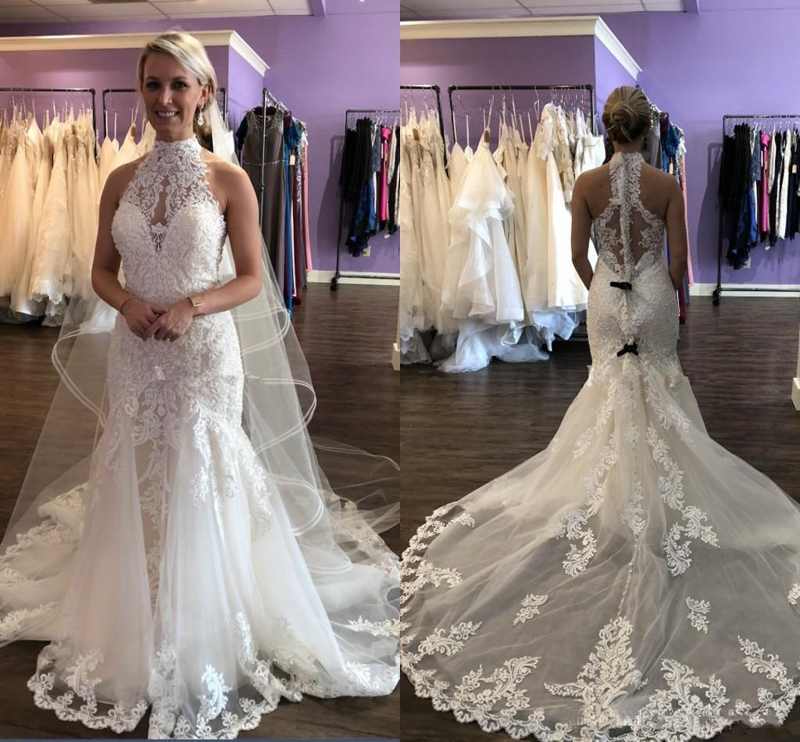

Custom High Neck Lace Mermaid Wedding Dresses 2021 with Appliques Sweep Train Tulle Wedding Bridal Gowns Vestidoe De Noiva, White