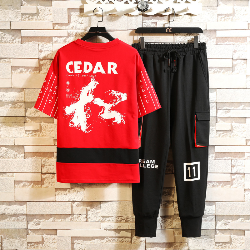 

2021 New Cotton Men's t Shirts+pants Men Brand Clothing Two Piece Suit Tracksuit Fashion Casual Printed Tshirts Hip Hop Sets 9dtp, Black