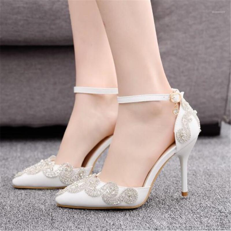 

9cmstiletto single shoe simple elegant pointed white high heels rhinestones wedding bridal shoes high-end large size women shoes1, Beige