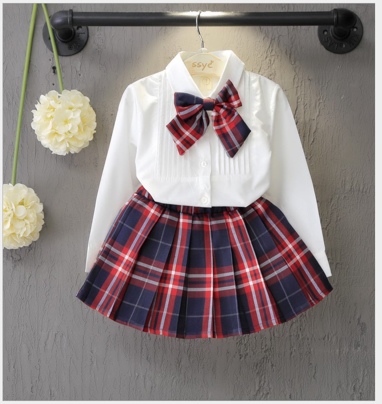 

New Arrivals Baby Girls Clothing Sets Kids White Long Sleeve Shirt With Bowtie+Plaid Skirts 2pcs Set Girl Outfits Kids Suit, As picture