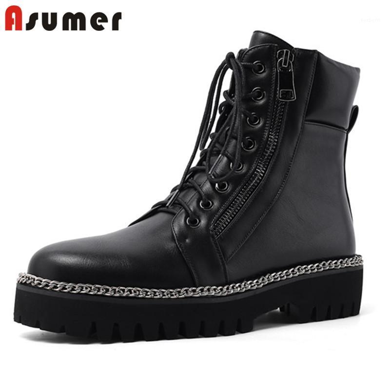 

ASUMER 2020 Newest ankle boots women cool fashion autumn winter punk shoes chain flat platform boots woman Motorcycle1, Black pu