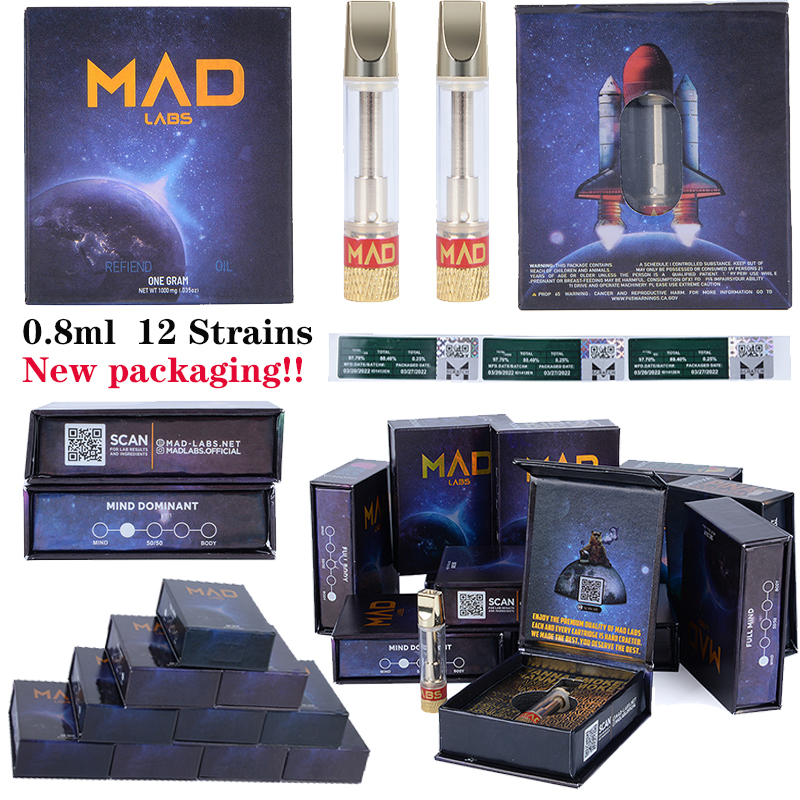 

New Packaging 12 Strains MAD Labs Atomizers Vape Cartridges 0.8ml Ceramic Coil Dab Wax Glass Tank Gold Thick Carts 510 Thread Atomizer Empty