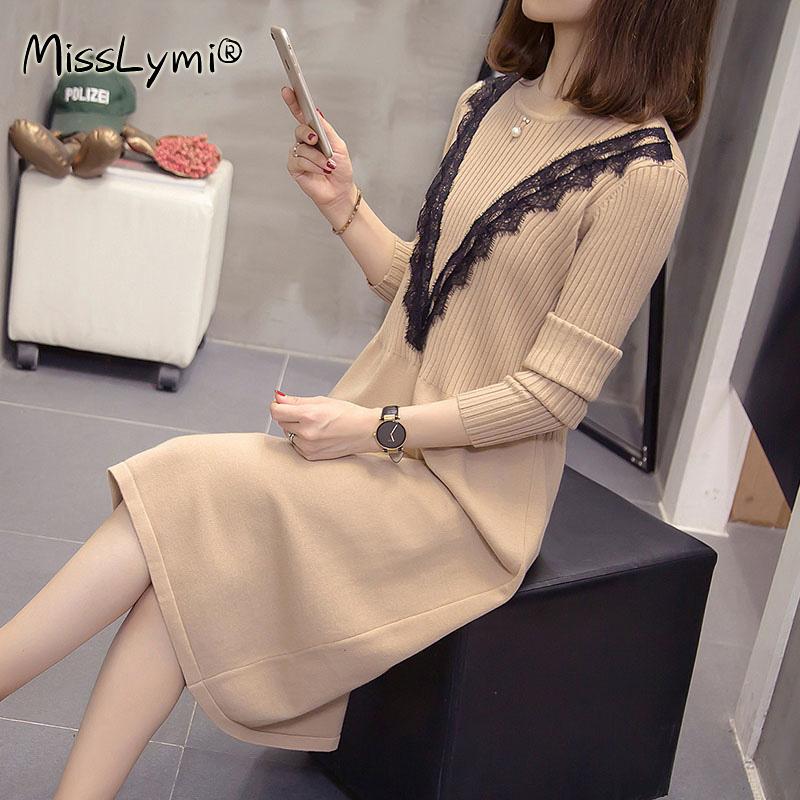 

Plus Size Women Elegant Knit Sweater Dress Winter Clothes 2020 Long Sleeve Patchwork Lace Ladies Loose Midi Knitted Dresses, Black