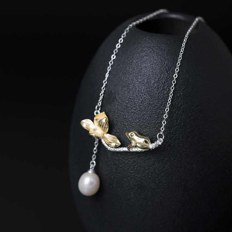 

VLA 925 Silver Creative Lovely Frog Necklace Women's National Style Pearl Lotus Leaf Pendant Temperament Gentle Jewelry