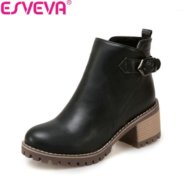 

ESVEVA 2021 Women Boots Square Heels PU Leather Short Plush Out Door High Heels Ankle Boots Round Toe Ladies Size 34-431, Brown