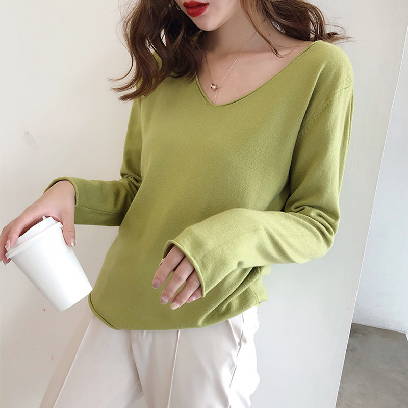 

2021 New Chic Casual Autumn Winter Basic Pullovers Women V-neck Solid Knit Slim Pullover Female Long Sleeve Warm Sweater 4er1, Khaki