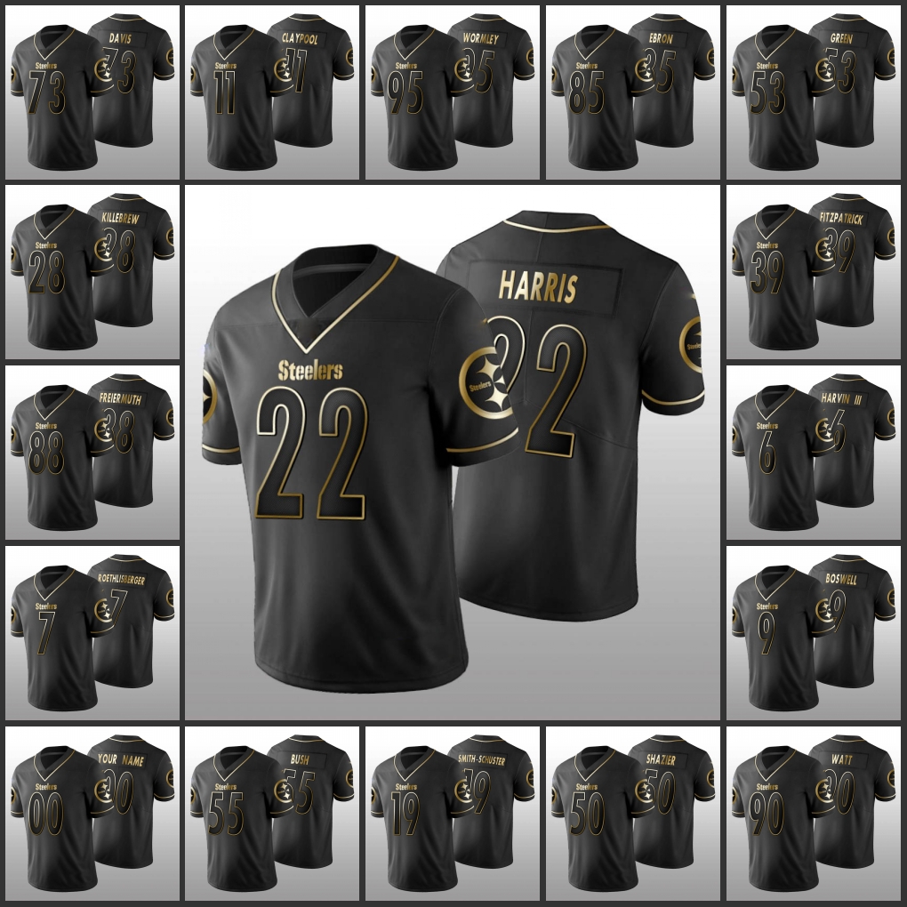 

Jersey Pittsburgh''Steelers''Men #11 Chase Claypool 90 T.J. Watt 22 Najee Harris''NFL''Women Youth Custom Black Golden Edition