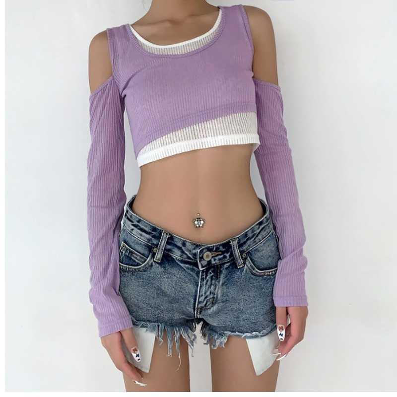 

Women' solid color sexy fake two pieces outdoor running long sleeve hollow out tight Yoga knitting top short fitness suit1, Purple