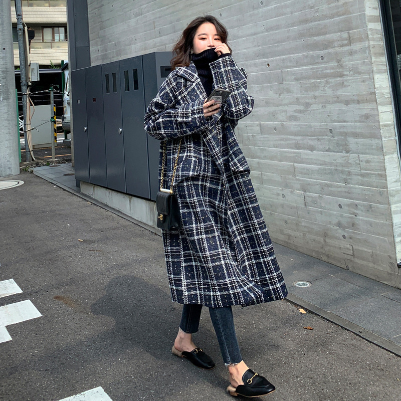 

2021 New Women's Coat Winter Wool Thickened Tweed Long Style Thick Plaid Retro Seam Fashion Double-breasted New Lapel Jacket 5m Qypz, Latique