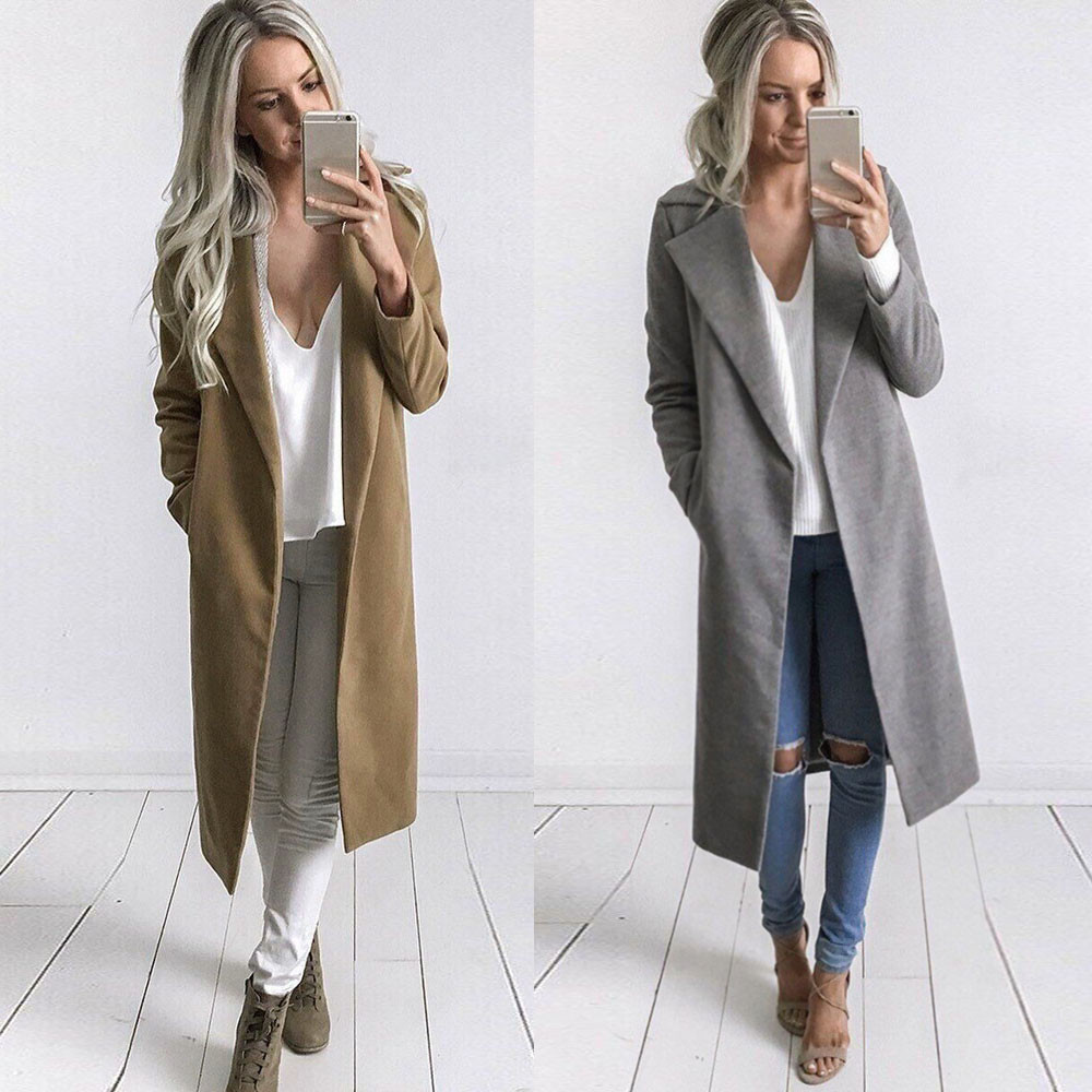 2018 Autumn Winter Womens Long Coat Lapel Parka Jacket Cardigan Overcoat Outwear D1892904
