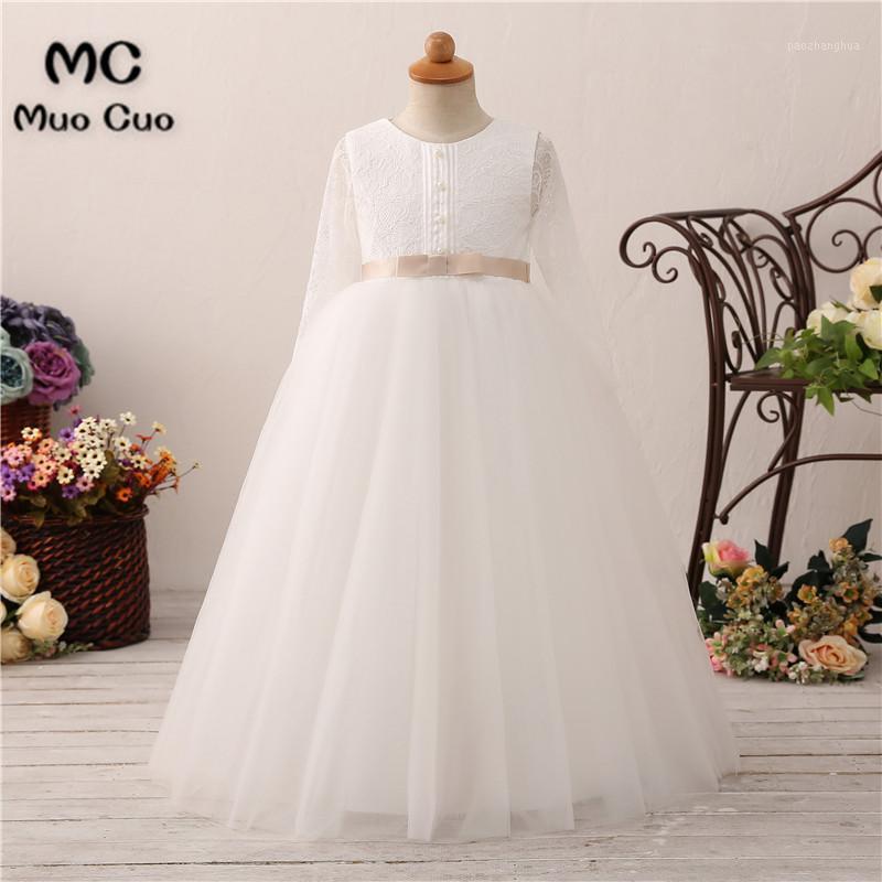 

New 2020 Long Sleeves Flower Girl Dresses For Weddings Lace First Communion Dresses For Girls Pageant White Ivory1, Beige