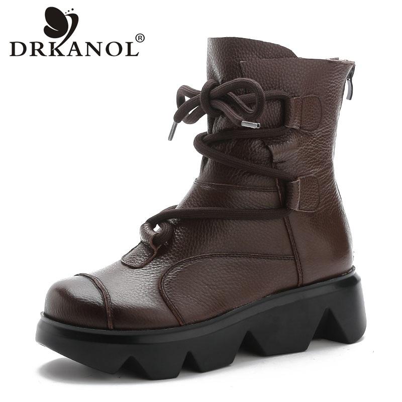 

DRKANOL 2020 New Retro Women Boots Autumn Thick Bottom Genuine Leather Boots Women wedges Platform Casual Mid Calf Black