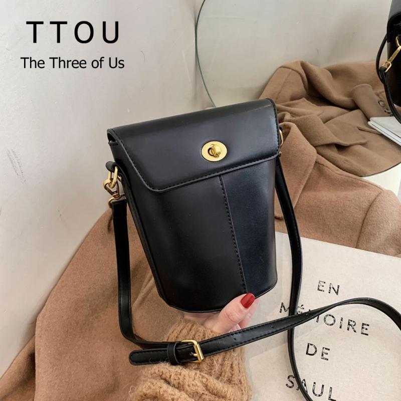 

Vintage Luxury Pu Leather Women Bucket Bag Female Simple Women Shoulder Handbags Solid Color Retro Hasp Tote Crossbody Bags, Black