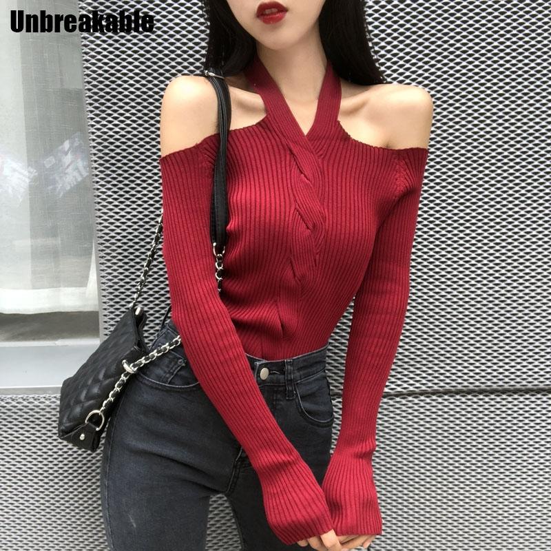 

Women Halter Slash Neck Knitted Off-shoulder Sweater Pullover Girls Knitting Stretchy Sweaters Pullovers Tops Female 2021, Black