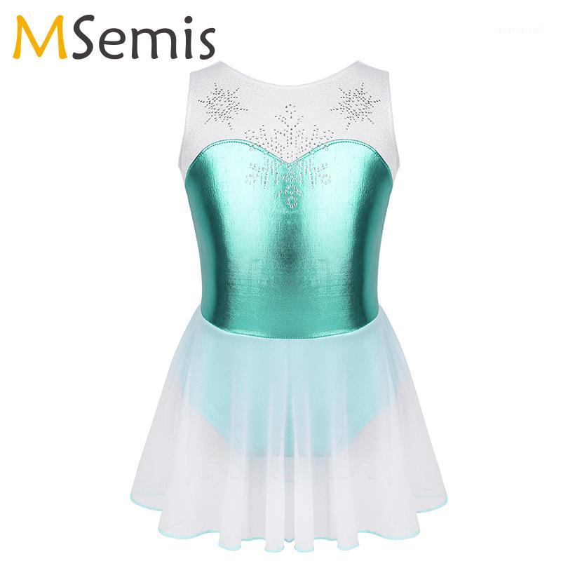 

Girls ballet Dance wear Costume Sleeveless Shiny Rhinestone Snowflake Metallic Bodice Gymnastics Leotard ballerina Dress Kids1, Lake blue