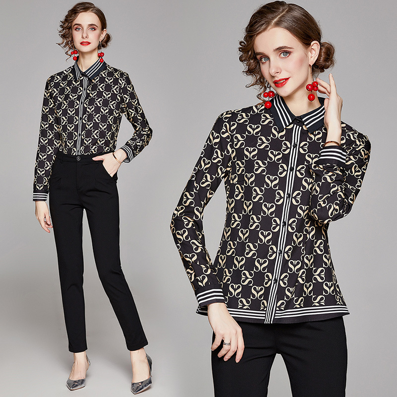

Dropshipping Spring Summer Fall Autumn Vintage Letters Print Collar Button Front Long Sleeve Womens Ladies Casual Party Top Shirt Blouse, Multi