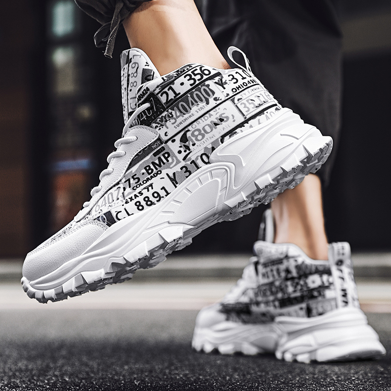 

New Men's Fashion casual Trend Breathable High Top Shoes Graffiti Lace-up Rubber Height Increasing Leisure, Black