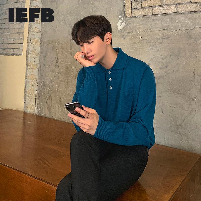 

IEFB autumn and winter loose collar lightweight kintted sweater for men Korean style long sleeve basic kintwear for male, Black
