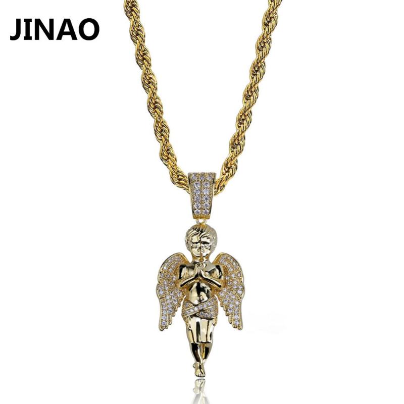 

JINAO Hip Hop Micro Paved Zircon Angel Jesus Wing Copper Gold Silver Color Plated Iced Out Full Cz Pendant Necklaces Gift