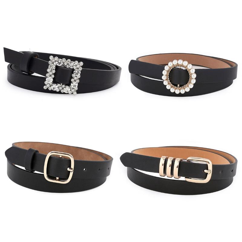 

Alloy Square Buckle Inlaid Pearl Decoration Sweet Style Waistband Female Leather Belt Women Fashion Wide Solid Color Belt, Black