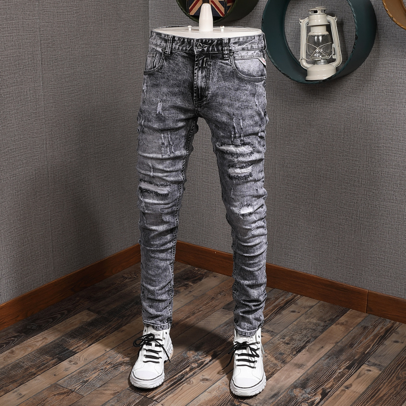 

2021 New Fashion Streetwear Retro Gray Washed Slim Fit Ripped Men Patchwork Elastic Pants Vintage Designer Jeans Homme Abam