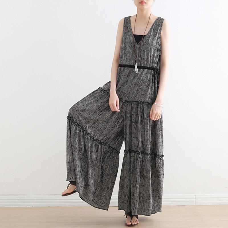 

2021 Summer Women Casual Big Sleeveless V- Neck Jumpsuits Fashion Drawstring Ladies Bodysuit Wide Leg Pants Long Trousers, Gray
