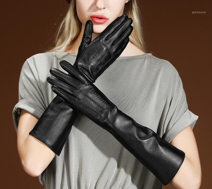 

Women's autumn winter long genuine leather glove lady's long thicken warm natural sheepskin leather driving glove R4151