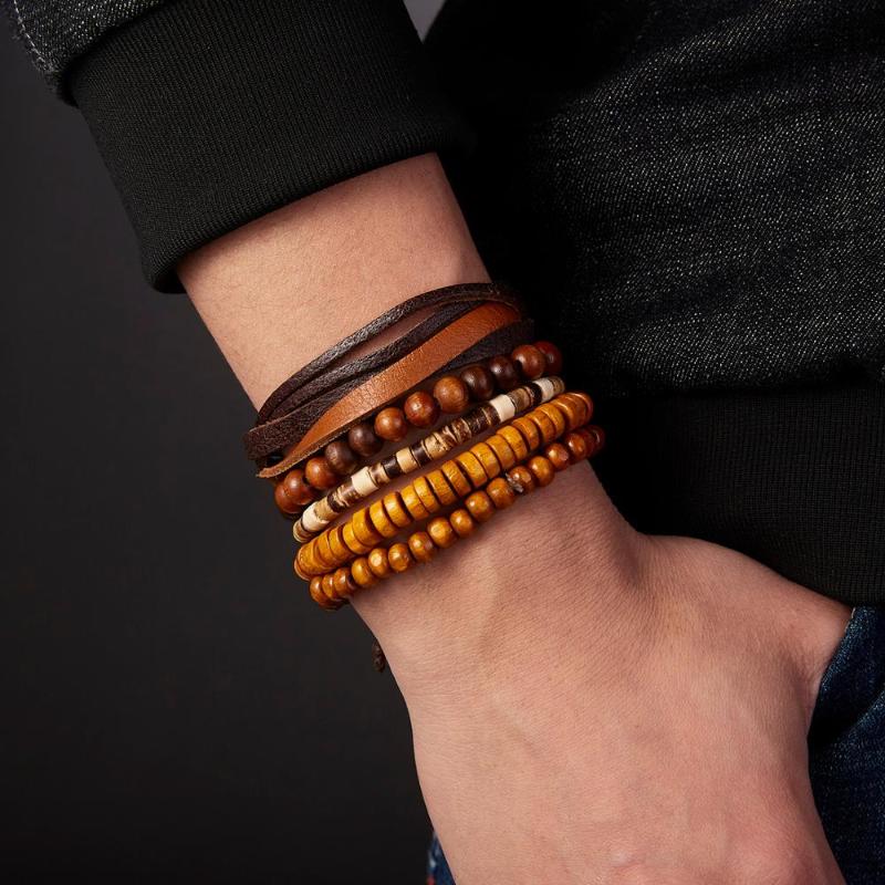 

Rinhoo Ethnic 5 Pcs/set Wood Beads Charm Handmade Woven Men Leather Bracelets Women Vintage Bangle Male Jewelry Birthday Gift