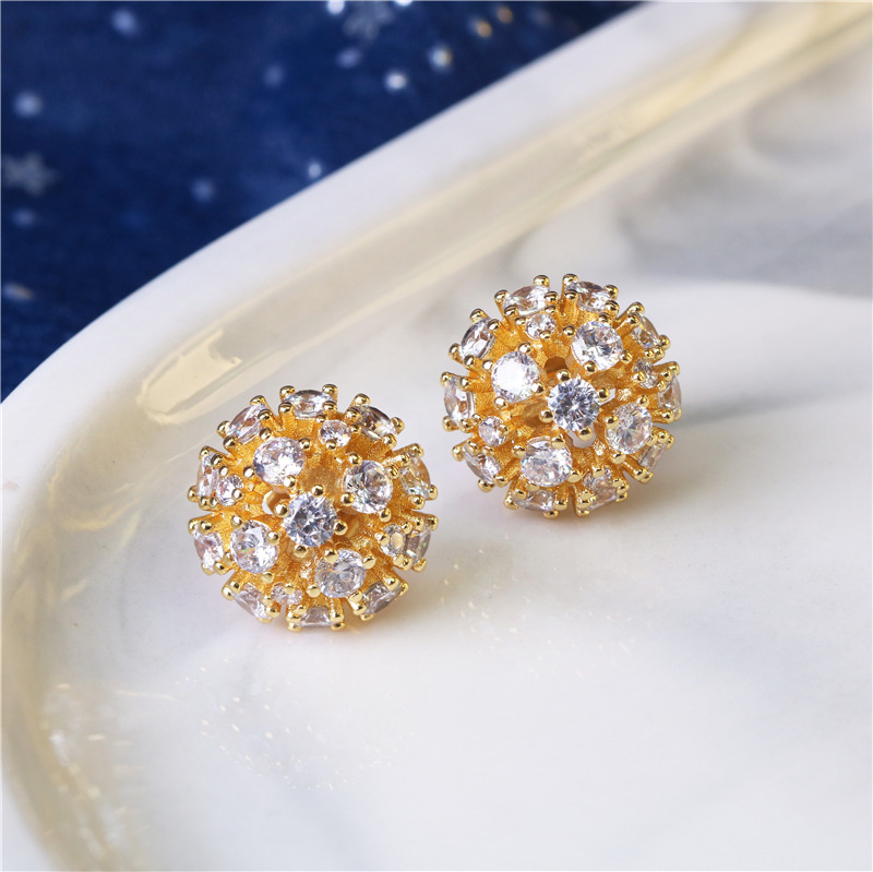 Women Fancy Earrings Yellow Gold Plated Bling Diamond Stone Fireworks Earrings Studs for Party Wedding Nice Birthday Gift for Girl Friend