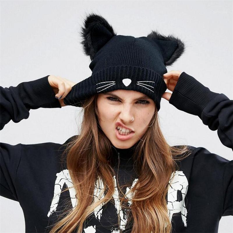 

New Women's Winter Two Fur Cat Ears Knitting Warm Wool Hat Fashion Cute Braided Skullies Hat Women Crochet Ski Fur Cap1, Black