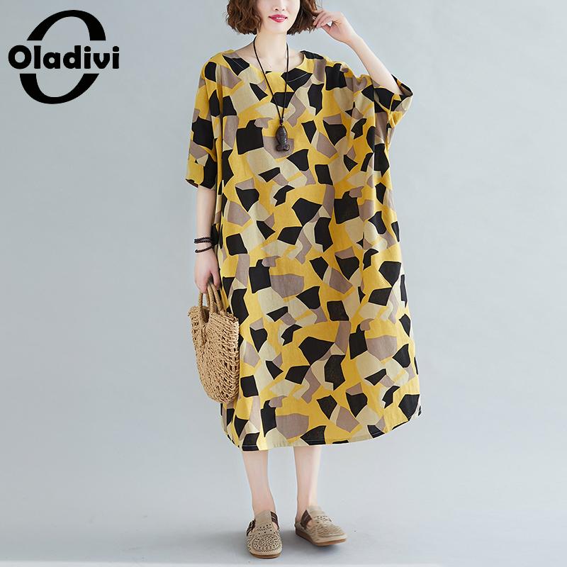 

Oladivi Oversized Plus Size Women Printed Pockets Shirt Dress Ladies Summer Batwing Sleeve Casual Loose Cotton Linen Dresses 8XL, Yellow