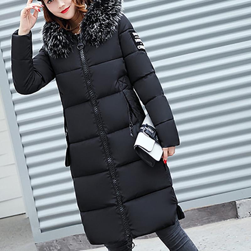 

Down Parka Coat Women 2021 Fashion Winter Warm Thicker Jacket Solid long Zipper Slim Cotton padded Outwear Hooded Woman Clothing, Black