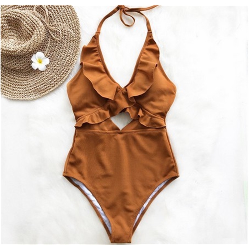 

Ruffle Swimsuit Women Backless Swimwear Women One Piece Swimsuit Padded Bathing Suit Ladies Beachwear Monokini Maillot De Bain Y200319, Pink