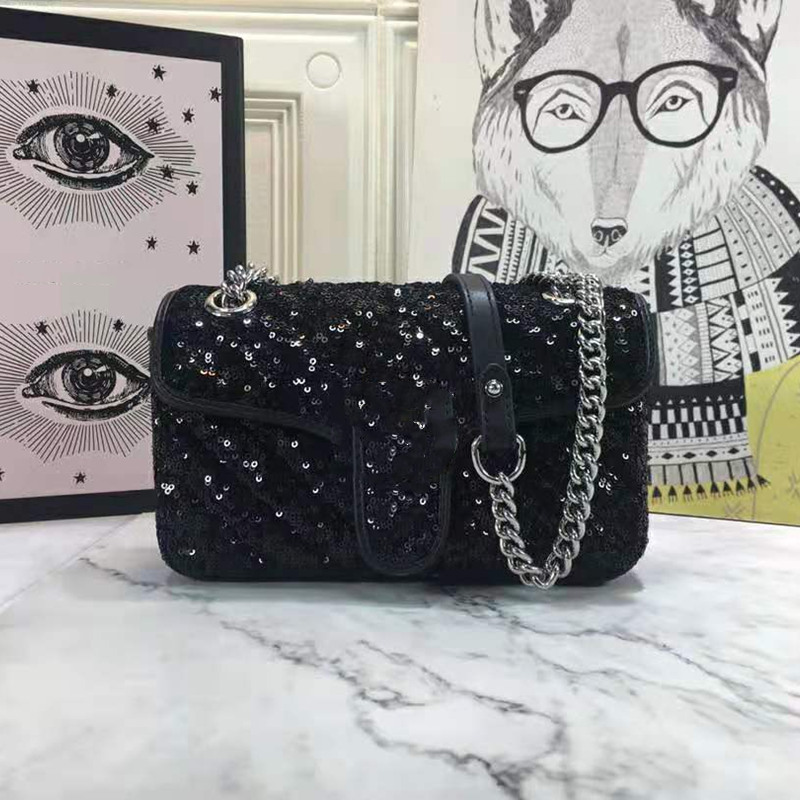 

2021 Women Designer Shoulder Bags Embroidery Silver Chain Bags Classic Letter Lady Handbag Top Quality Sequins Crossbody Bag Purses, Black