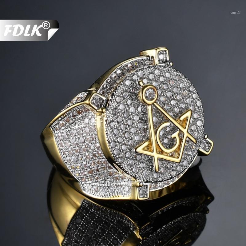 

FDLK Hip Hop Gold Color Brass Cream Micro Pave Cubic Zirconia Masonic Ring Charm for Men Gifts with 6 - 131, Golden;silver