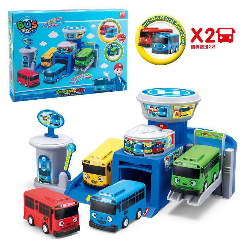 

parking Korean Cartoon the lot little bus set Assembled garage Gas station model with 2 mini Tayo car kids gift