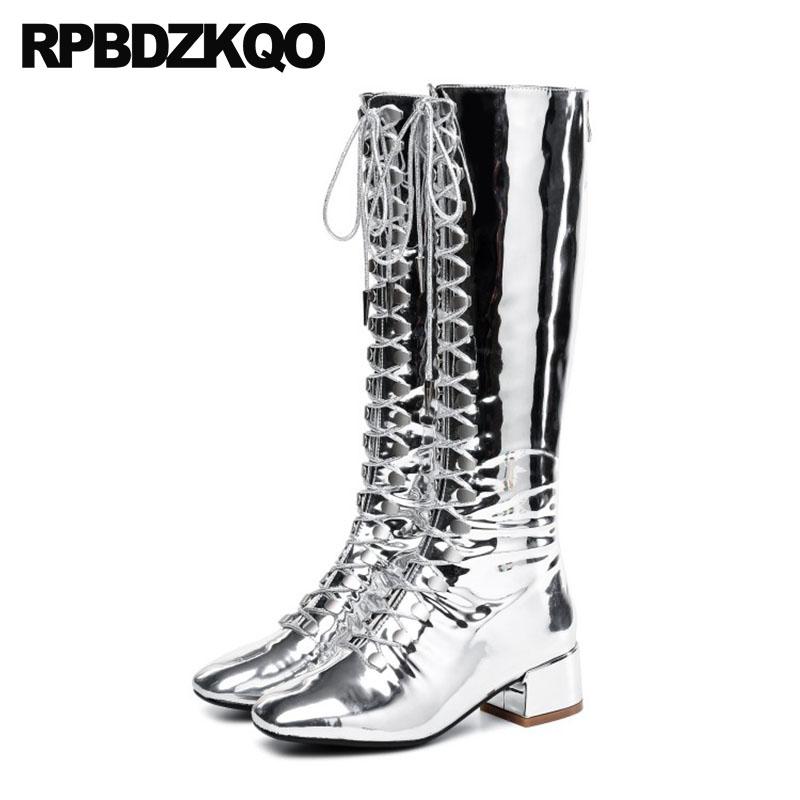 

shoes silver patent leather riding knee high metallic 11 square toe 13 45 big size punk rock boots equestrian gold 12 44 chunky, Black