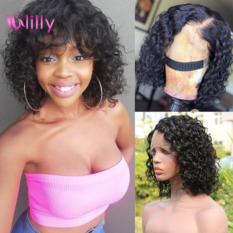 

Water Wave Bob Lace Front Wigs Peruvian Remy Mid-Length Human Hair Wigs For Women Full Machine Made Curly Deep Wave, Black;brown