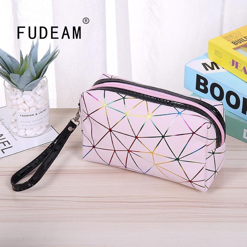 

FUDEAM PU Colorful Striped Women Cosmetic Bag Travel Toiletry Organize Zipper Storage Portable Handbag Waterproof Make Up Bag1