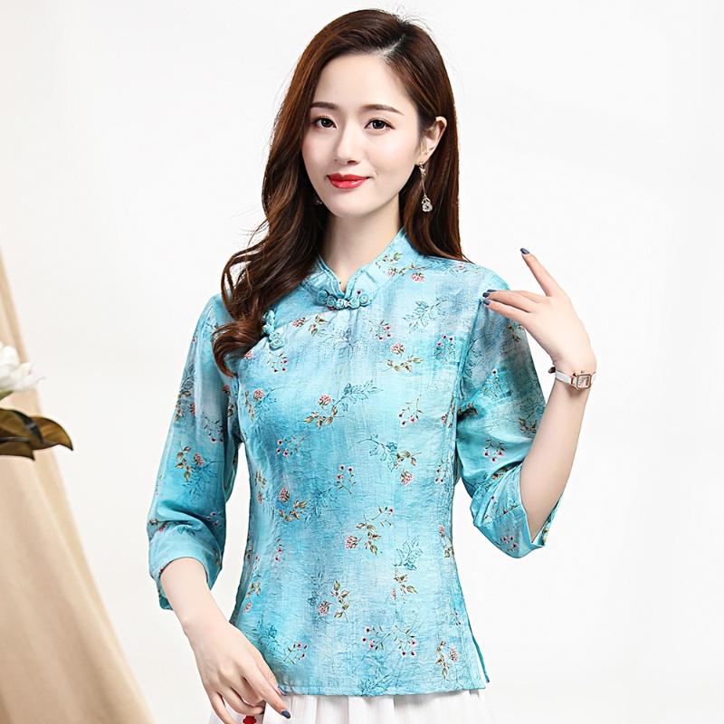 

Mandarin Collar Shirts Women Chinese Tang Clothing Classic Oversized 3XL Vintage Buttons Autumn New Cotton Linen Lady Blouse