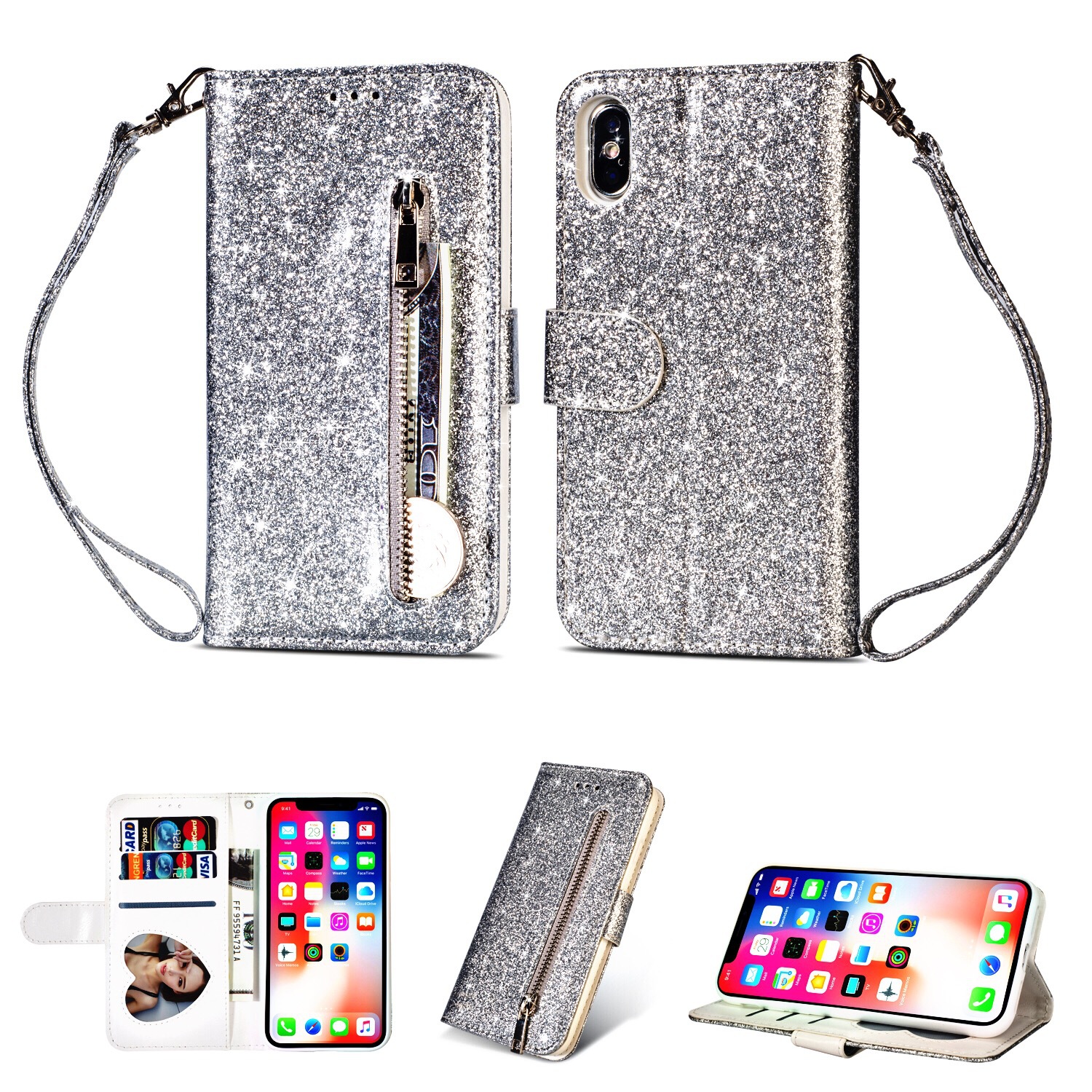 Fashion glittering sequins back zipper stand leather wallet case for iphone 12 11 pro max x xr xs max 6 7 8 plus-image-601340182