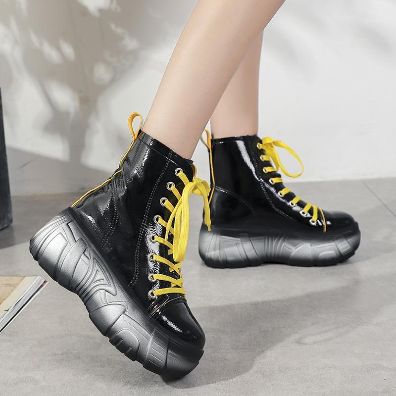 

Black Patent Leather Platform Ankle Boots For Women Fashion Chunky Sneakers 2020 Autumn Korean Style Lace Up Shoes Woman1, Orange