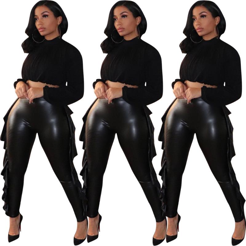 

Women' Pants & Capris Causal Women Pu Leather High Waist Jogger Sportwear Streetwear Solid Color Spring Clothes For Outfit, Black