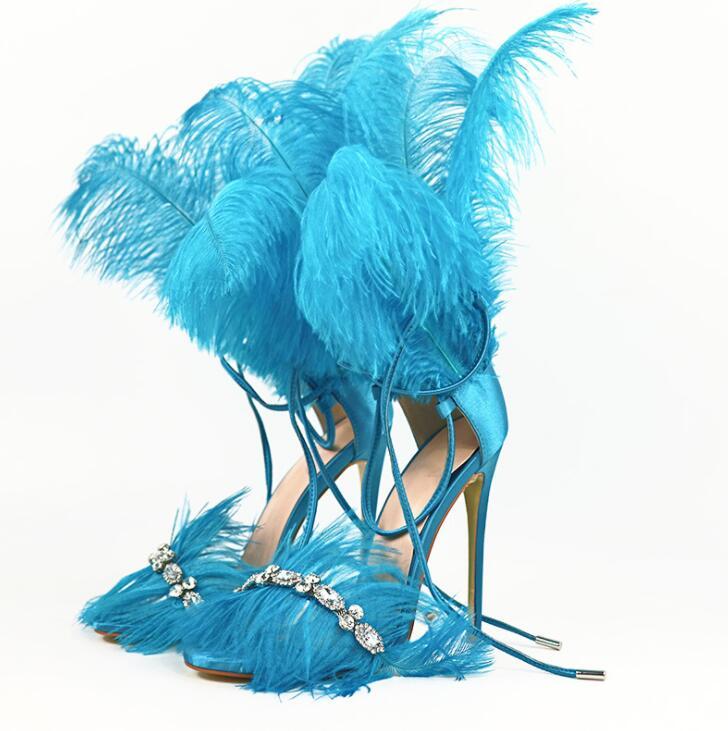 

Bright Feather Encircled Sandals Women Luxury Crystal Stiletto Heels Wedding Dress Satge Shoes Lady Lace-up Ankle Strap Sandals, Color 1