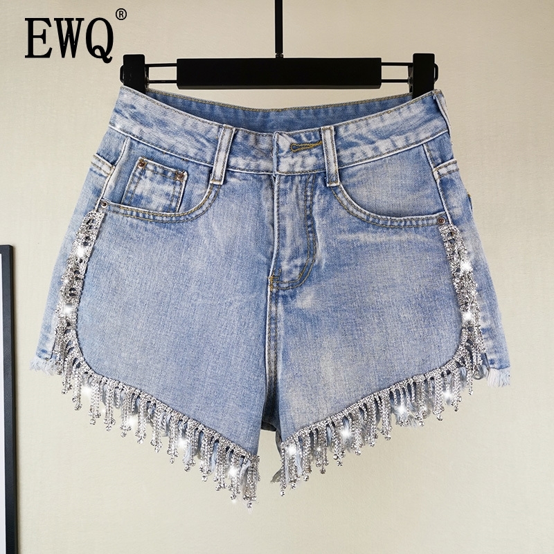 

[EWQ] Spring Summer Shorts Denim Patchwork Tassel Raw High Waist Cowboy Shorts Streetwear Women Fashion Tide AH03605XL Y200403, Blue