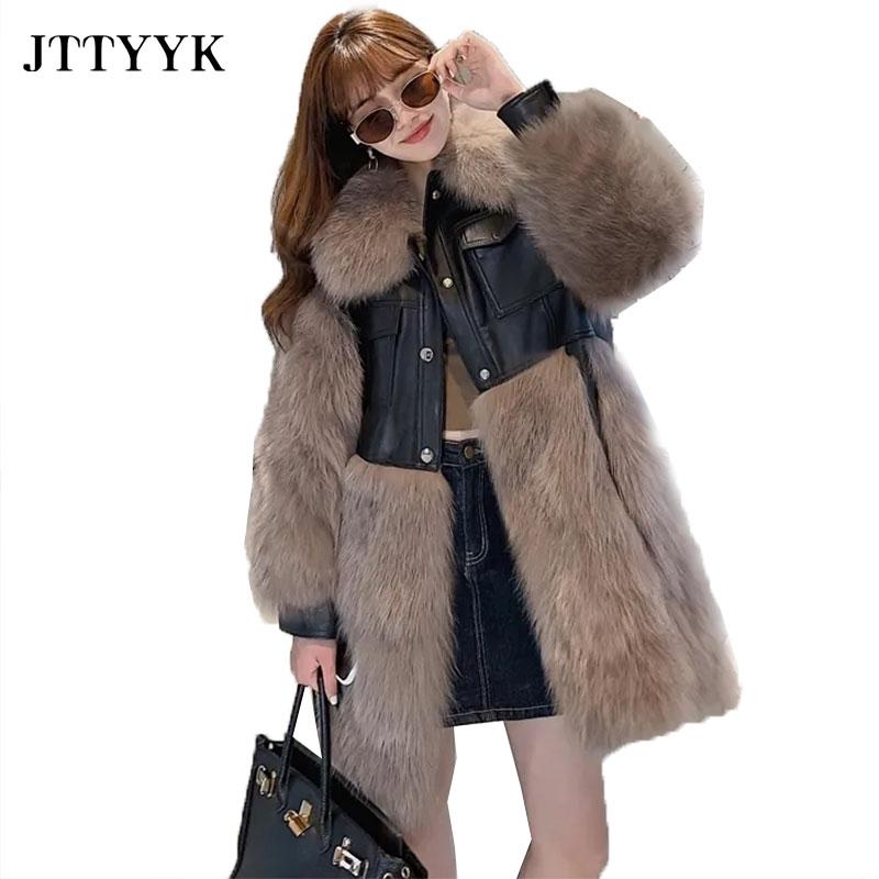 

Women Parka 2021 Autumn Winter Fashion Faux Fur Coats With PU Sheepskin Leather Wholeskin Artificial Fur Jacket Outwear, Beige