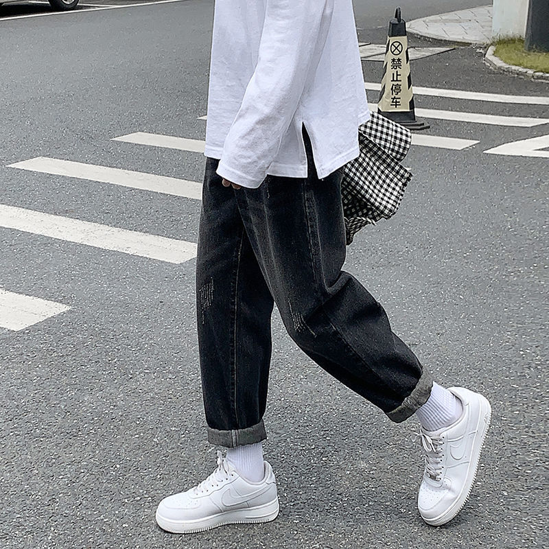 

2021 New Jeans Masculinos Primavera e Inverno Nova Reta Hong Kong Estilo Solto Personalidade Juventude Masculinas 3FZI, Black