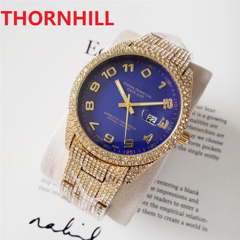 

Men Diamonds Ring Digital Number Dial Watch 42mm Fashion Casual clock Man Full Stainless Steel Luxury Quartz Movement Calendar Gold Bracelet Watches Montre De Luxe, As pic