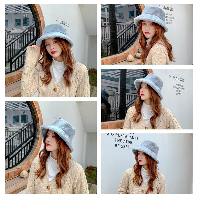 

Woamn Bucket Hats Winter Autumn Fur Thick Warm Earflap Outdoor Caps Solid Lady Fashion Brim Hat Korean, White